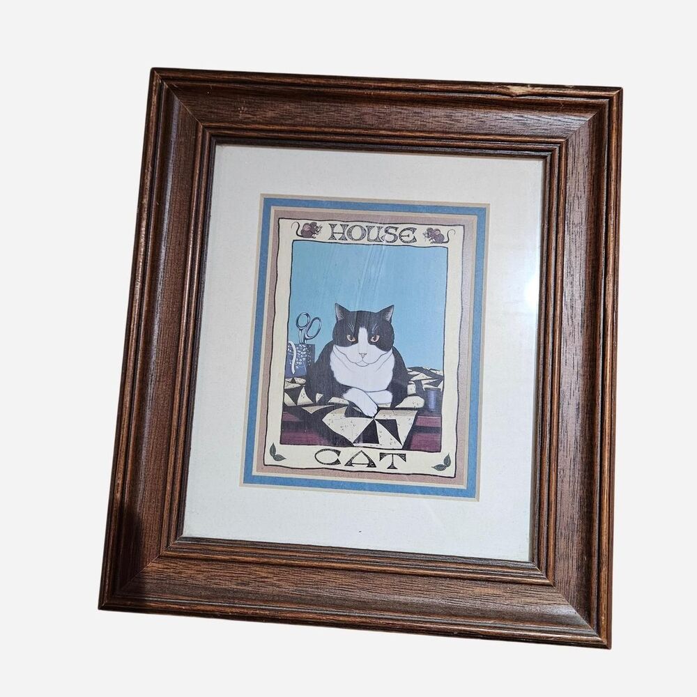 vintage cottagecore grandmacore tuxedo cat framed print